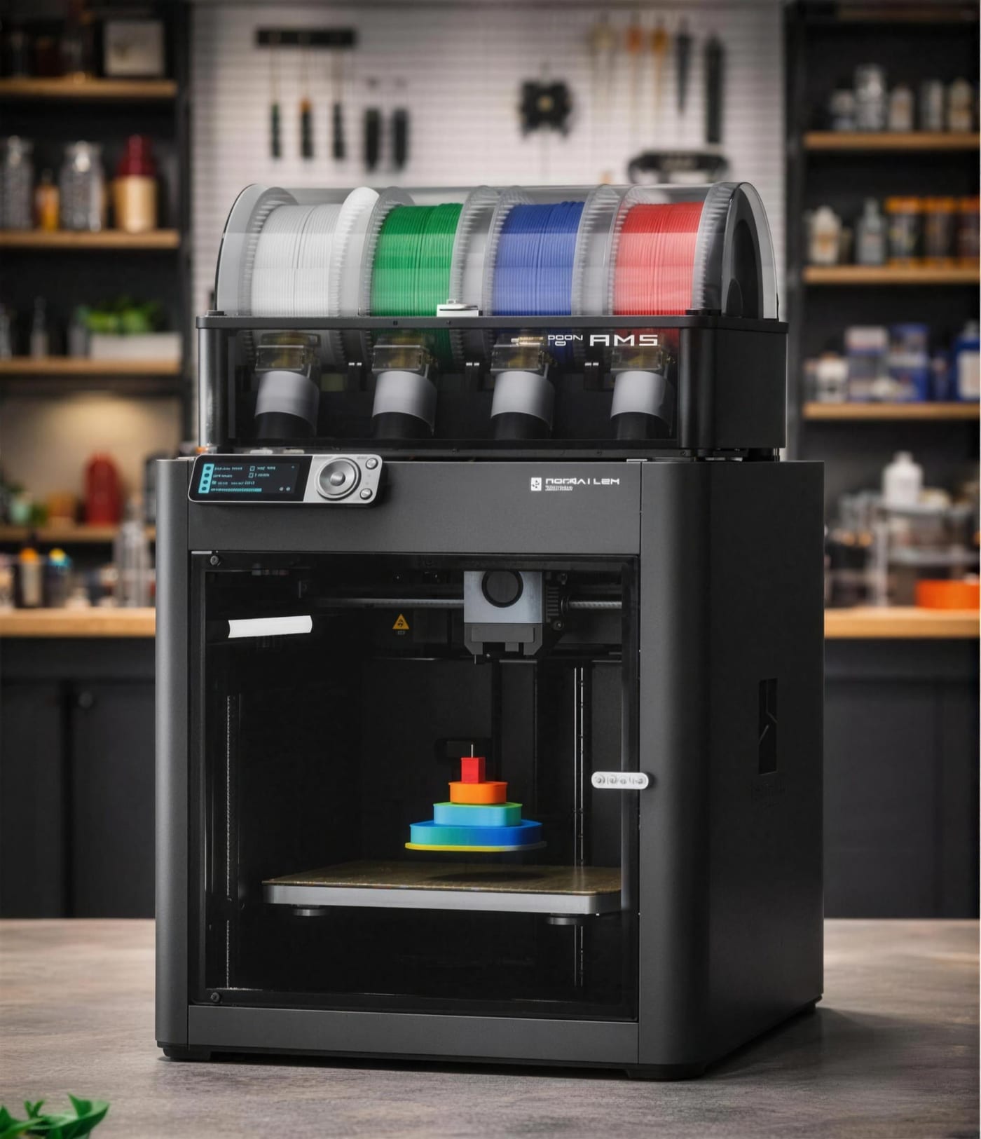 Bambu Lab P1S printer with its four-spool AMS unit on top